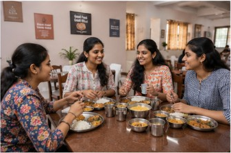 Residents sharing home-style thali meals in the Sairam Ladies Hostel dining area