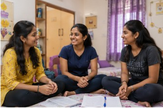 Residents of Sairam Ladies Hostel sharing a friendly moment in a bright bedroom