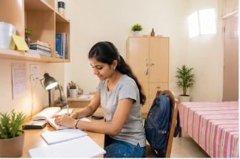 Bright hostel room with study desk and natural light at Sairam Ladies Hostel