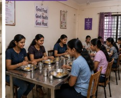 Dining area with residents enjoying thali meals